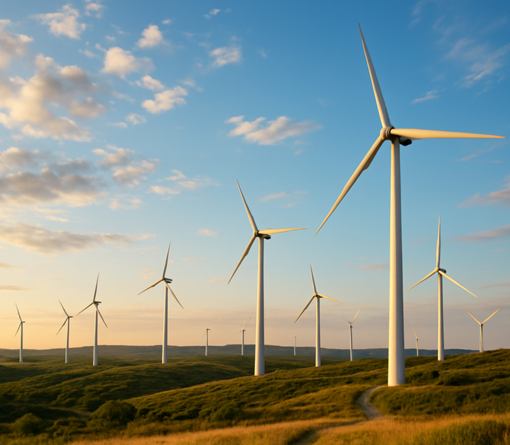 A field of wind turbines at sunset.